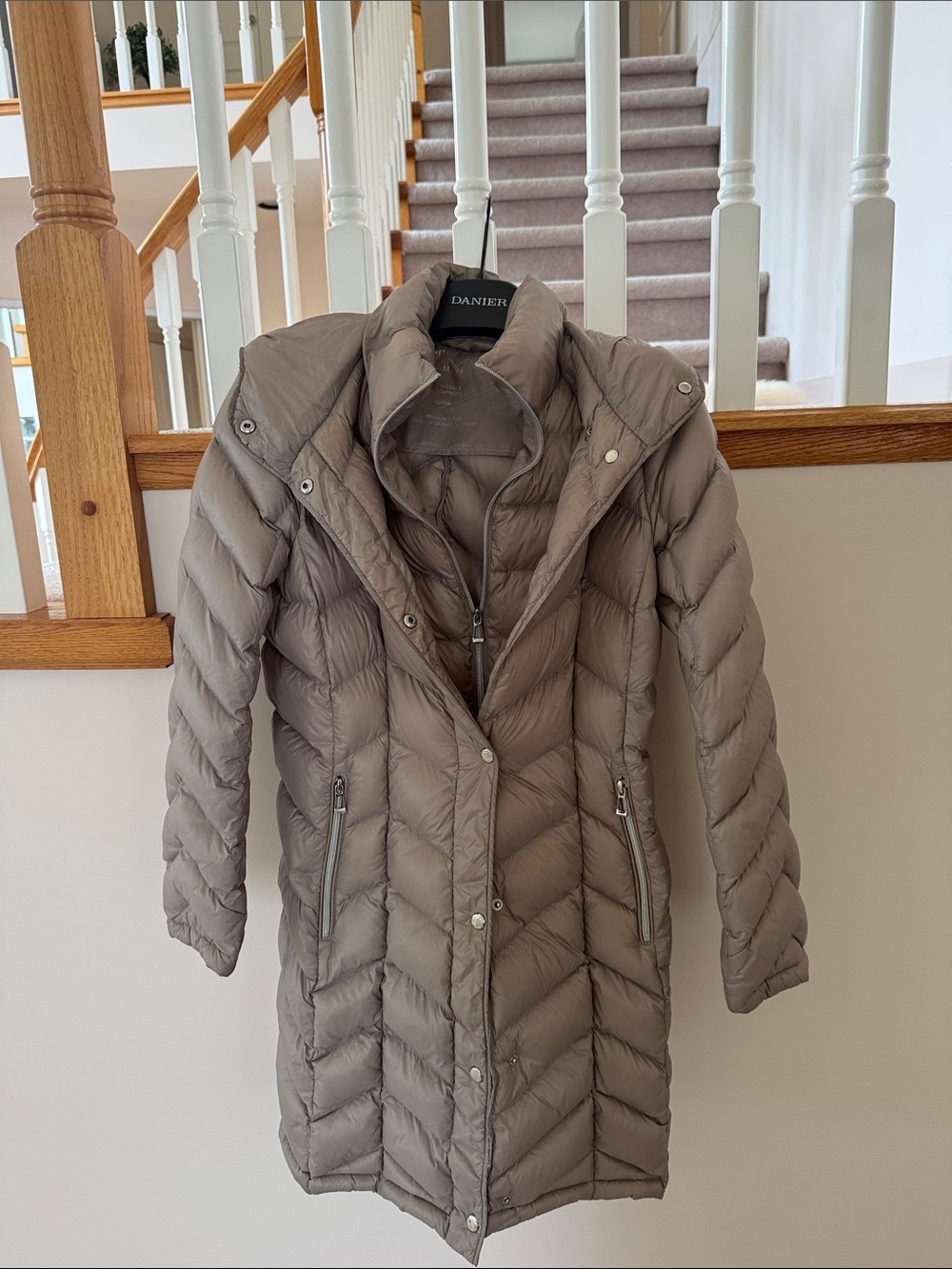 Calvin Klein Taupe Quilted Long Puffer Coat with Hood